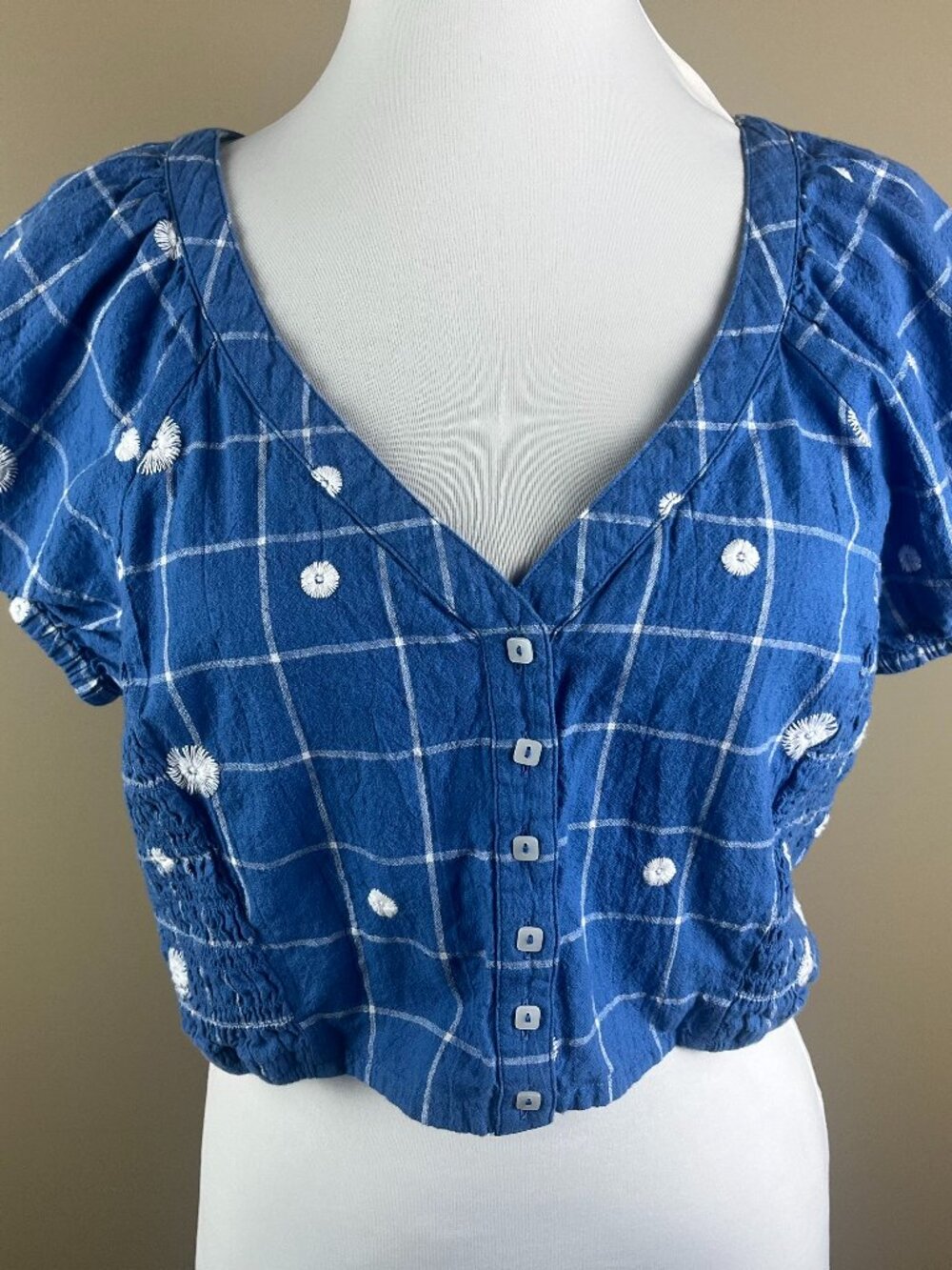 Madewell Cropped Blouse Size 8 Blue and White, Floral and Windowpane Prints
